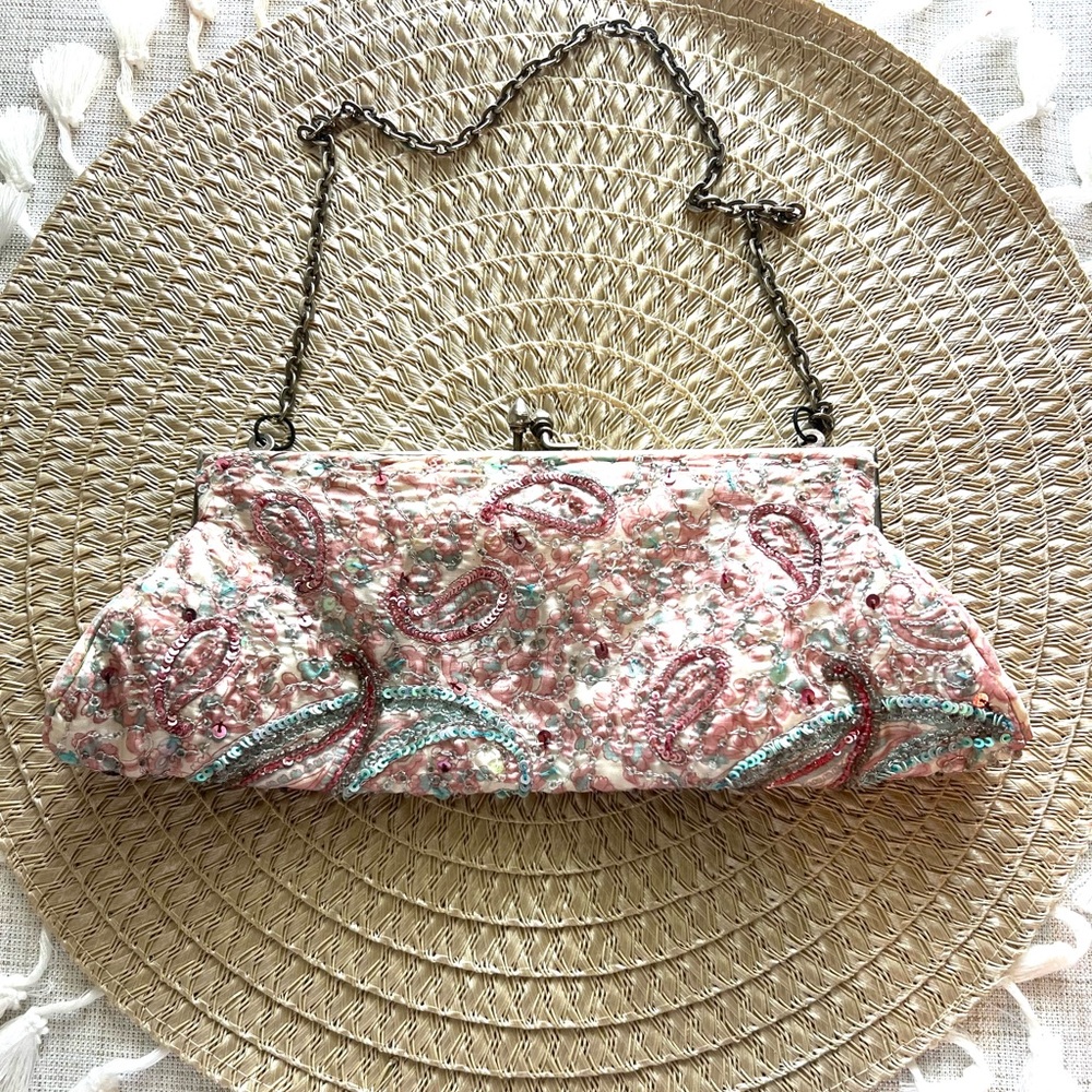 Vintage Pink Paisley Beaded Bag Trending Retro  Whimsy Ethereal  EUC
